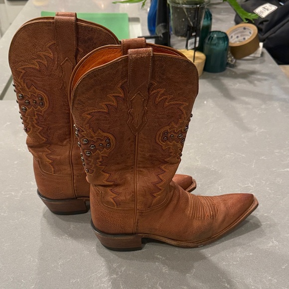 Lucchese Tan Leather Cowboy Boots with Stud Accents - Picture 2 of 9